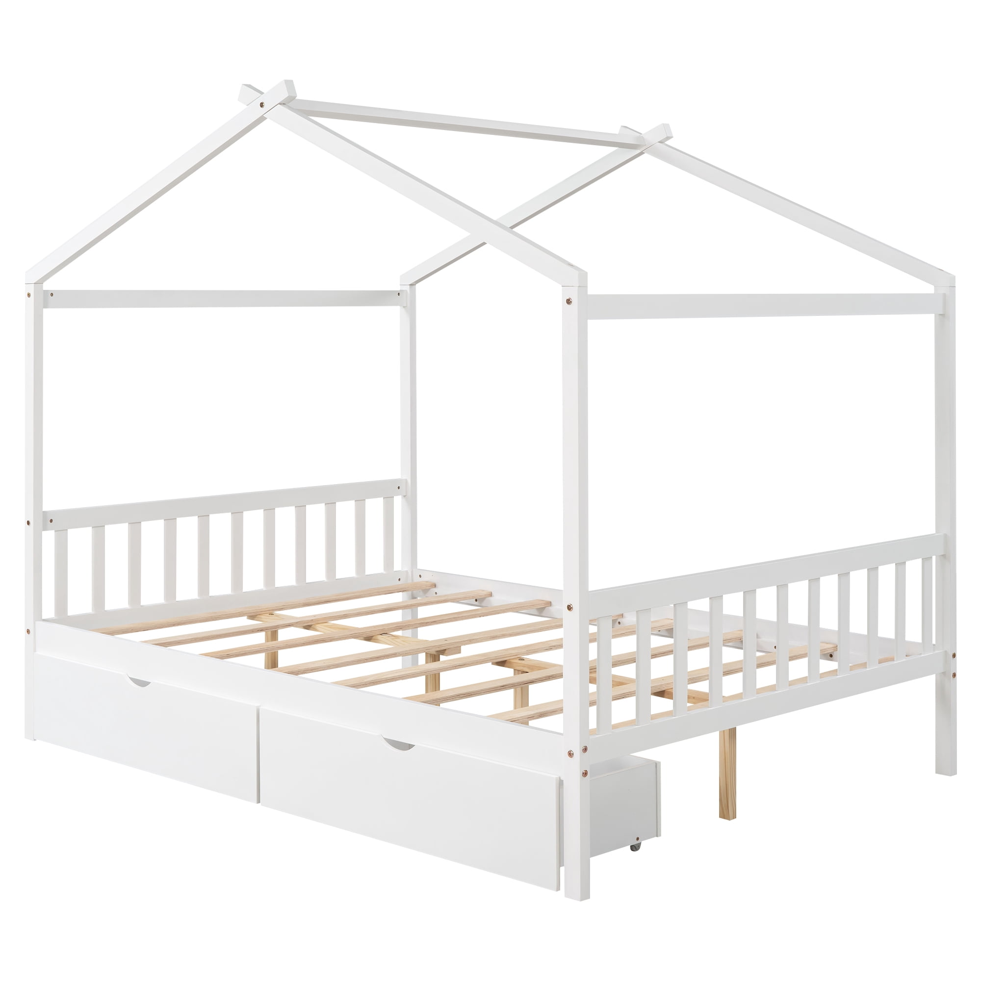 Bellemave Full Size House Bed with Roof,Full Low Platform Bed Frame with 2 Drawers,Solid Wood Storage Bed,Can be Decorated(White,Full)