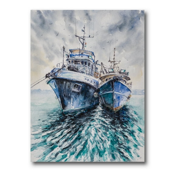 Blue Fishing Boats Before A Storm Anchored 12 in x 8 in Painting Canvas Art Print, by Designart