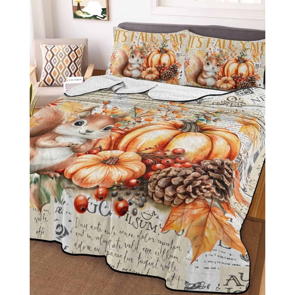 Fall Squirrel Pumpkins Queen Size Down Alternative Comforter, Lightweight Comforter Quilt Bedding Set with Pillow Shams Vintage Maple Leaf Thanksgiving All Seasons Bed Comforter Duvet Insert 90"x96"