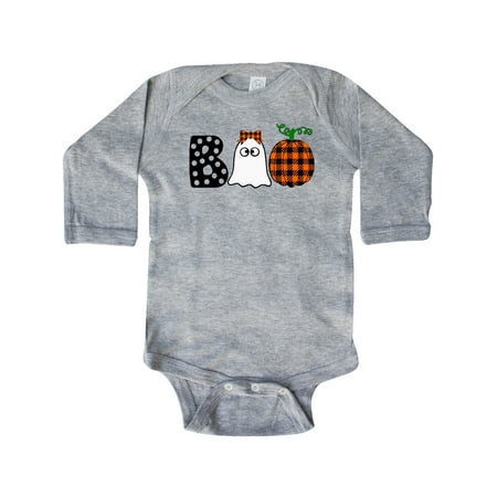 

Inktastic Boo Halloween Ghost and Plaid Pumpkin Gift Baby Boy or Baby Girl Long Sleeve Bodysuit
