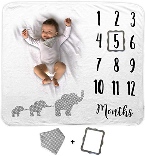 Photography Backdrop Photo Prop for Newborn Boy & Girl Baby Monthly Milestone Blanket Best Baby Shower Gift 100% Organic Fleece Extra Soft Includes Bib and Picture Frame 1 to 12 Months 
