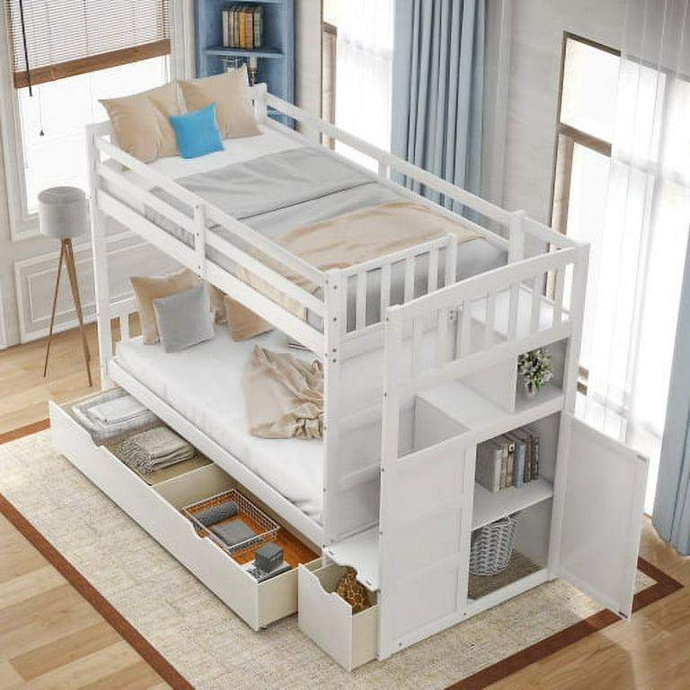 Twin Over Twin Bunk Beds with Staircase and Drawers for Kids Wooden Twin Over Full Stairway Bunk Bed with Storage Cabinet and Convertible Bottom Bed