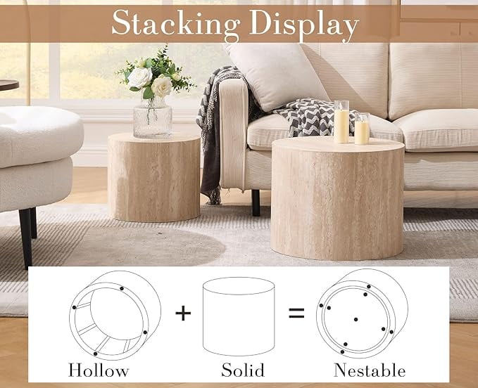 Guyou Nest Coffee Table Set of 2, Modern Wooden Round Coffee Table with Small End Table, Circle Accent Side Table for Living Room Bedroom Balcony, Natural
