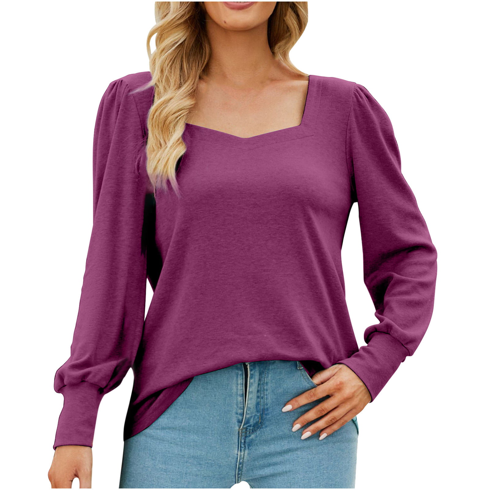 HAPIMO Clearance Womens Shirts Bishop Long Sleeve Square Neck Solid ...