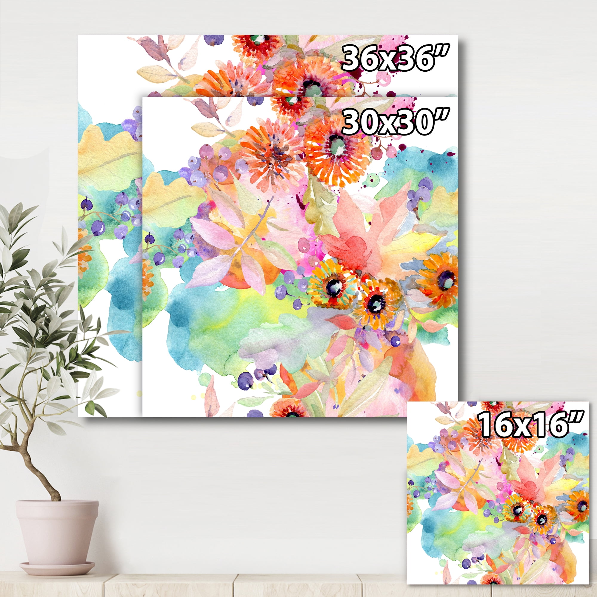 Designart ' Wildflowers and Vibrant Wild Spring Leaves I ' Traditional Canvas Wall Art Print