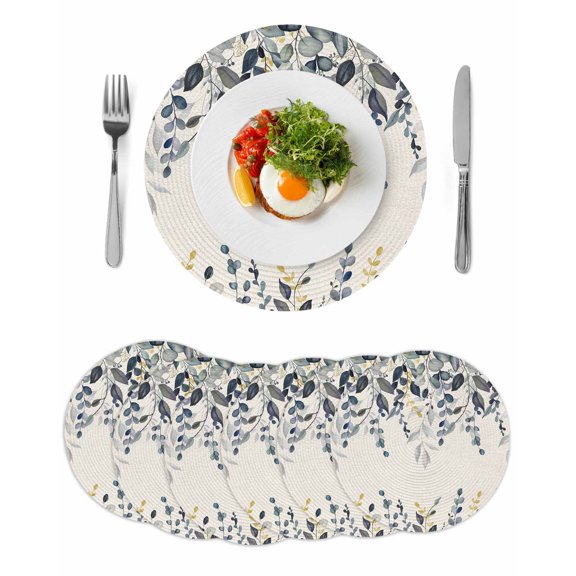 Blue Grey Eucalyptus Round 15 Inch Placemats Set of 6, Farmhouse Weeping Leaves on Linen HeatResistant Non Slip Place Mats for Dining Table, Wipeable Braided Kitchen Table Mats for Housewarming
