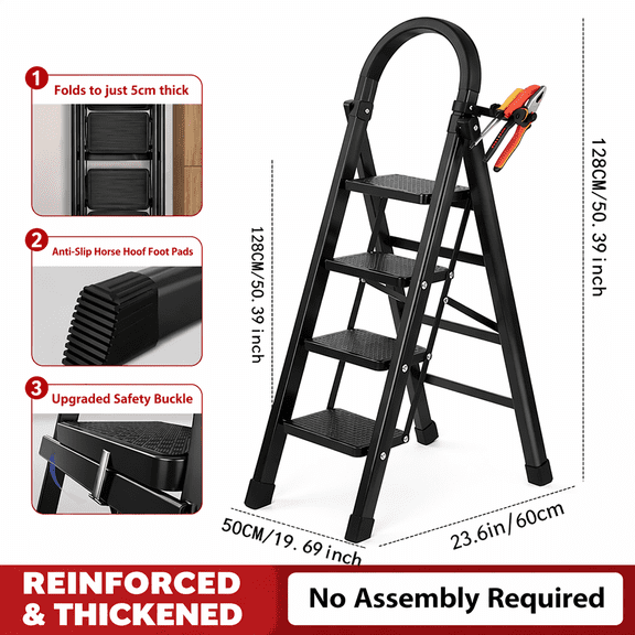 Upgraded Folding Steel Ladder, 2/3/4/5 Steps Optional, 4-Step Red & Black, 330 LBS Heavy-Duty Portable Household Ladder with Wide Anti-Slip Pedals and Built-In Tool Tray