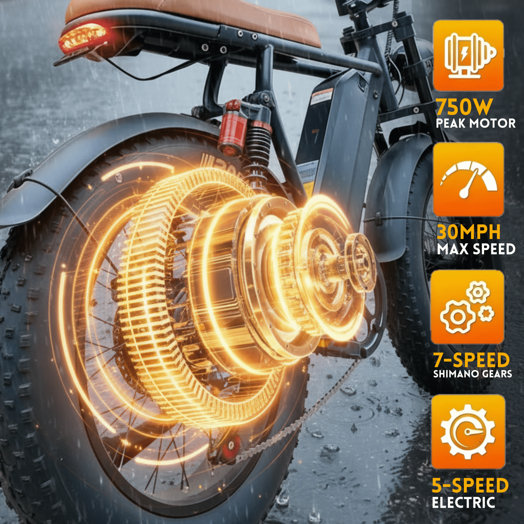 20'' Fat Tire E-Mountain Bicycle for Adults, Peak 750W Motor Electric Bike, 48V 15Ah 30MPH 7-Speed Ebike UL2849