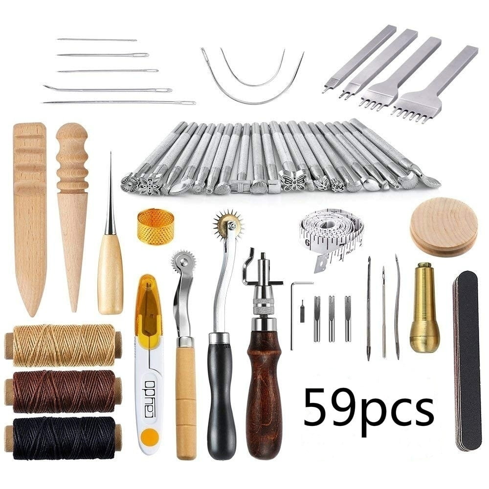59Pcs Leather Craft Tools Kit Hand Sewing Stitching Punch Carving Adjustable 