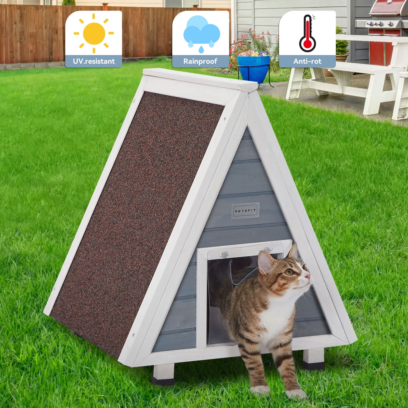 Petsfit Outdoor Cat House, Weatherproof Cat Shelter with Escape Door for Winter, Suitable for Small Animals, Grey