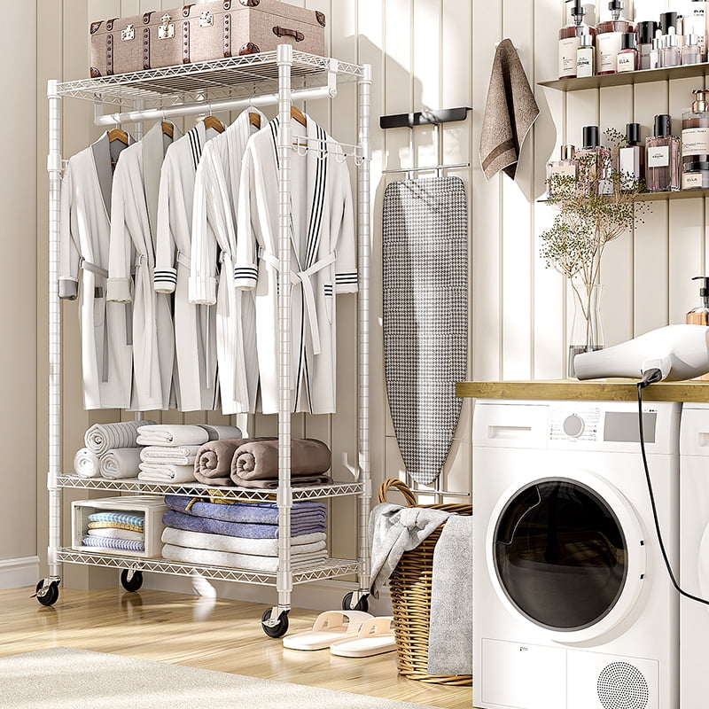 Heavy Duty Rolling Garment Rack 3 Tiers Adjustable Wire Shelving Clothes Rack with Rods and Side Hooks, Storage Closet Clothing Rack with Wheels White 15.7" D x 29.5" W x 74.5" H
