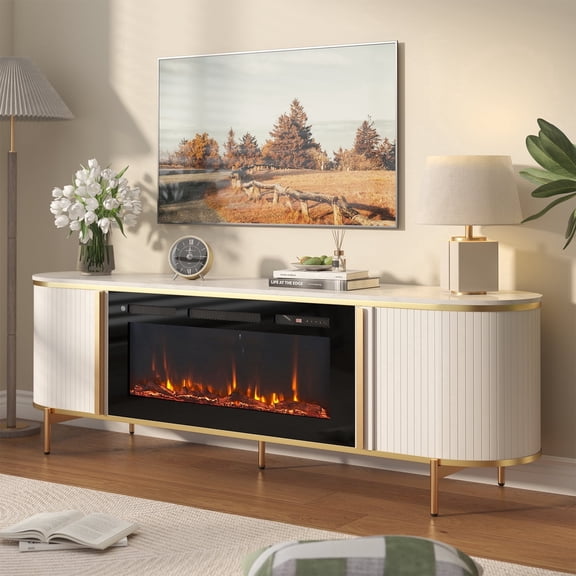 Sonegra 70" Fireplace TV Stand, Modern Entertainment Center for TVs Up to 80", TV Console Table for Living Room, Media Cabinet with Storage,70 Inch, White