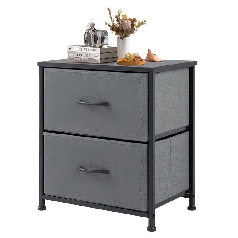 BEAUTYPEAK Nightstand 2-Drawer Fabric Dresser Bedside Table with Wooden Top Adjustable Feet, Gray