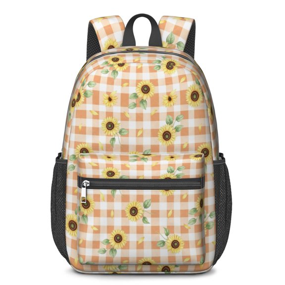 Sunflower and Gingham Pink Pattern 17" Waterproof Oxford School Backpacks for Teens, S-Shape Padded Straps, for School, Travel, Hiking, Camping