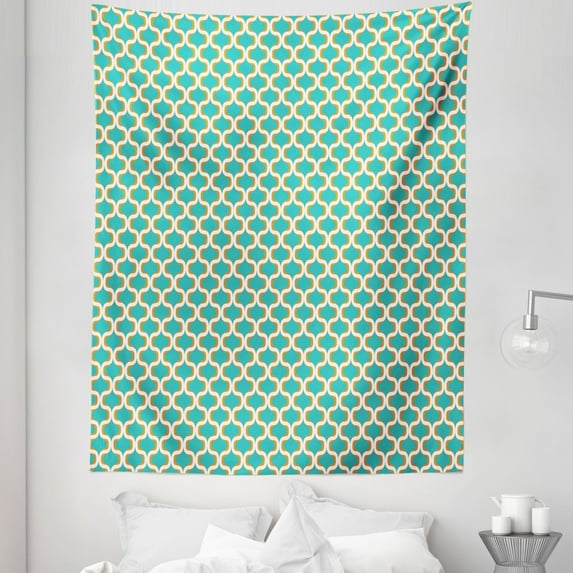 Geometric Tapestry, Seventies Nostalgic Repeating Symmetric Mathematical Forms Design, Fabric Wall Hanging Decor for Bedroom Living Room Dorm, 5 Sizes, Orange White Teal, by Ambesonne