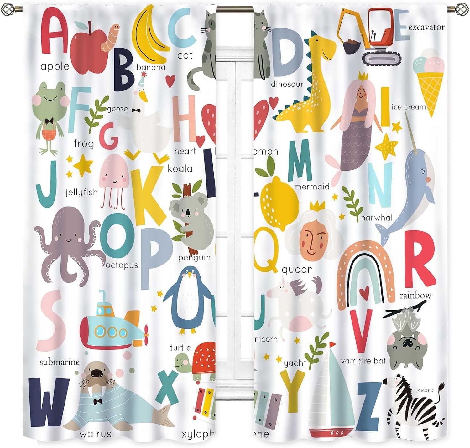 ABC Alphabet Classroom Curtains, Kids Cartoon Animal Educational Learning Cute Colorful Window Drapery Treatments for Baby Girls Boys Bedroom Living Room Shelves Nursery 2 Panels Set, 52"x63" Inch