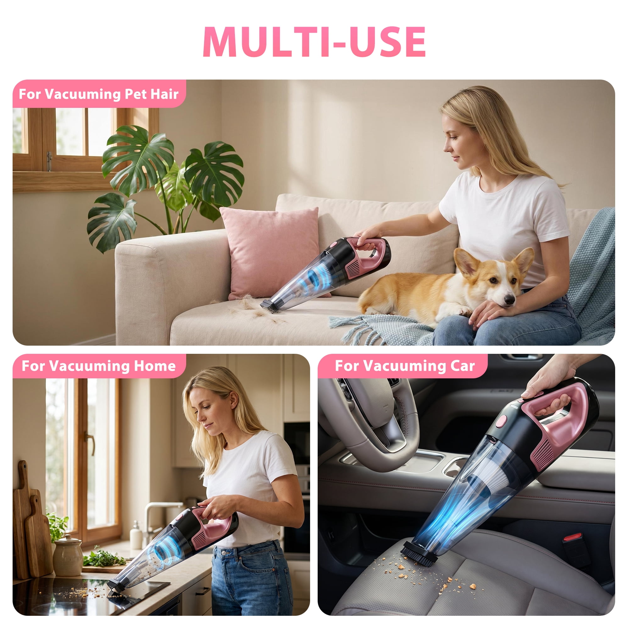 NEXPOW Cordless Handheld Vacuum Pink, 10000Pa Car Vacuum Cleaner, 50Min Runtime 7800mAh, LED Light & Charger, Lightweight 1.9lb for Home Car Pet Hair