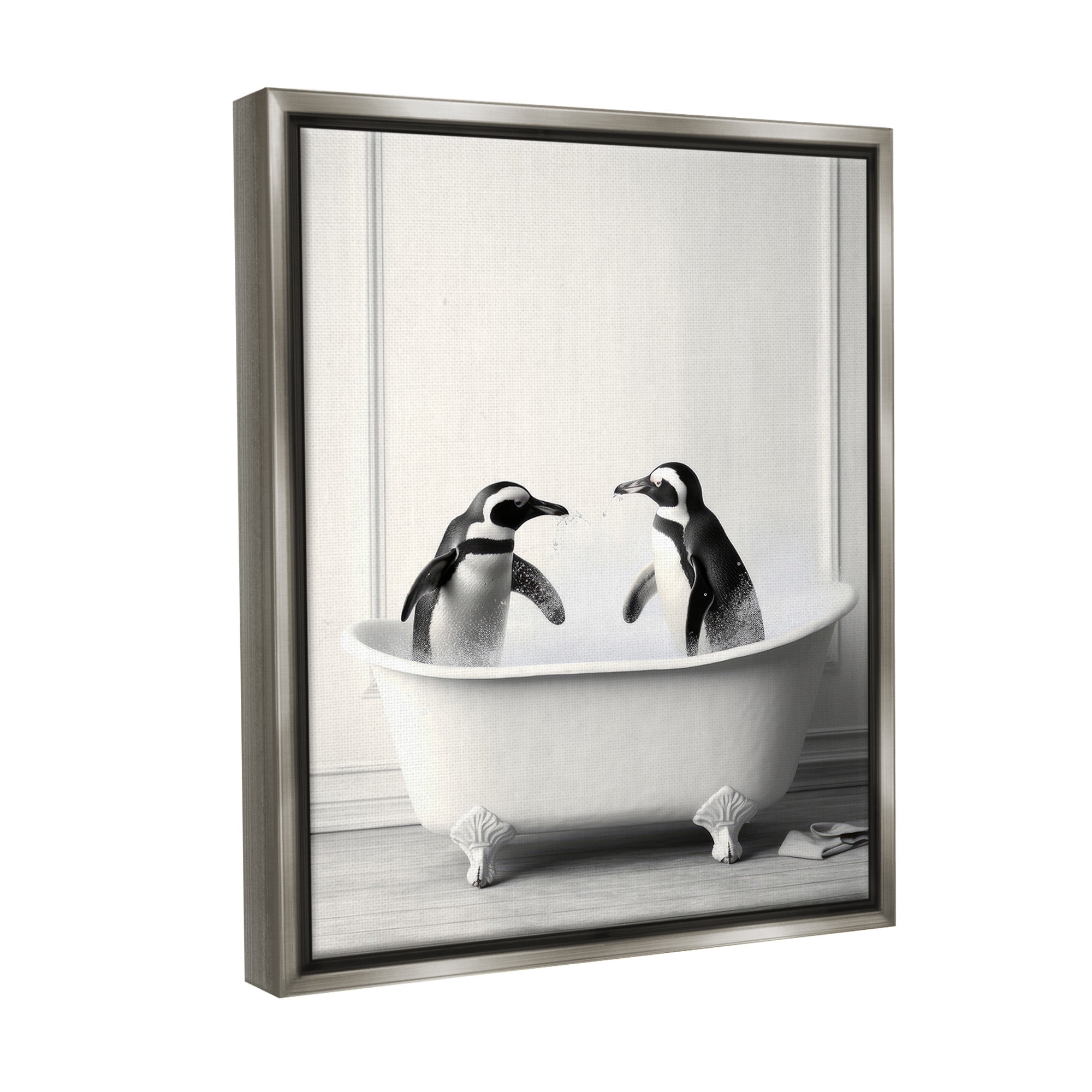 Stupell Industries Penguin Duo in Bath Animals & Insects Painting Gray Floater Framed Canvas Art Print Wall Art, 25 x 31
