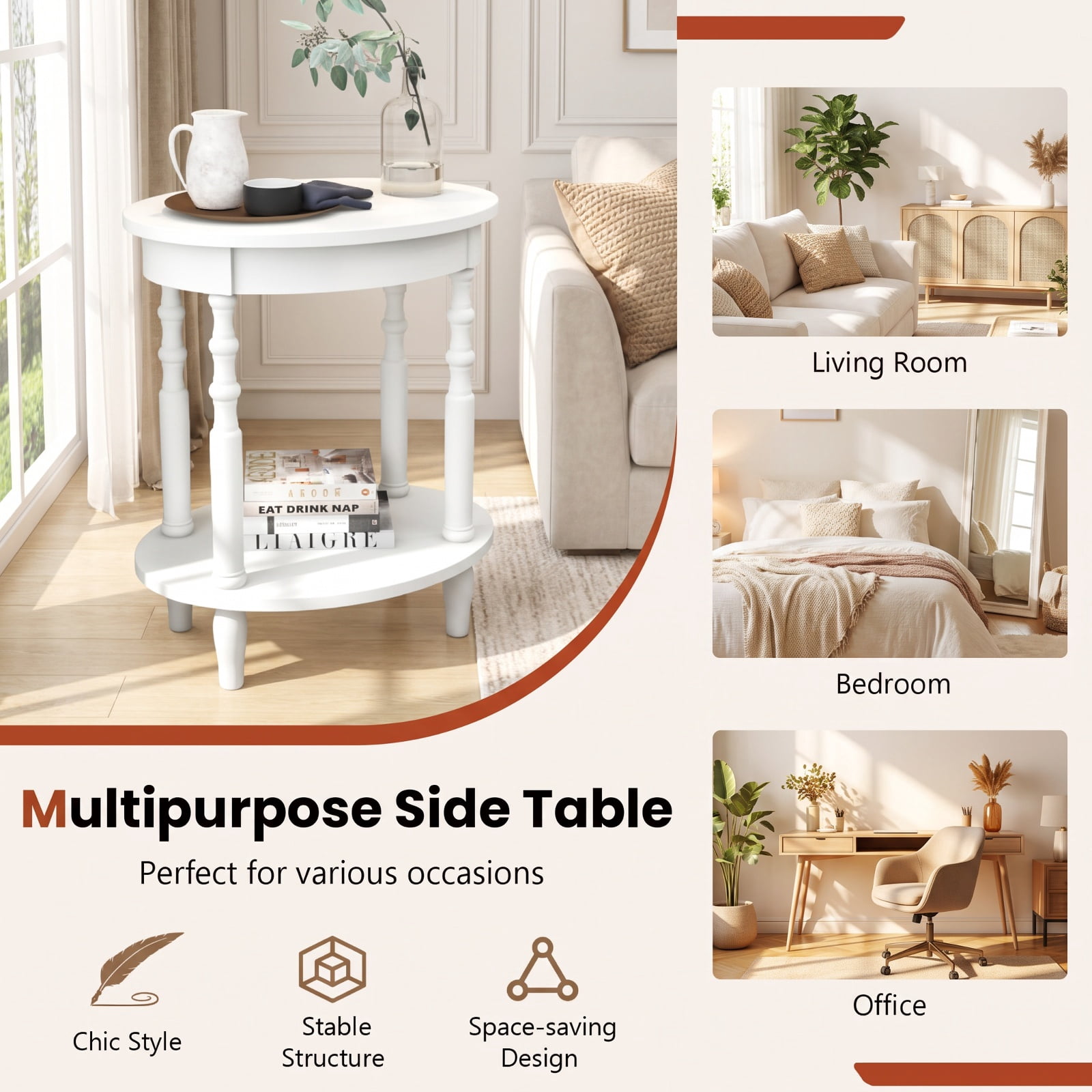 Furnibear 2 Tier Oval Side Table with Storage Shelf and Solid Rubber Wood Legs for Living Room Bedroom and Home Office, White