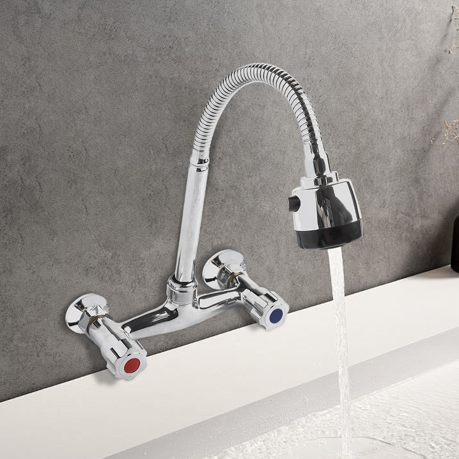 yaaqii Dual Handle Kitchen Faucet Wall-Mounted Two-Handle Sink Mixer 360° Rotatable