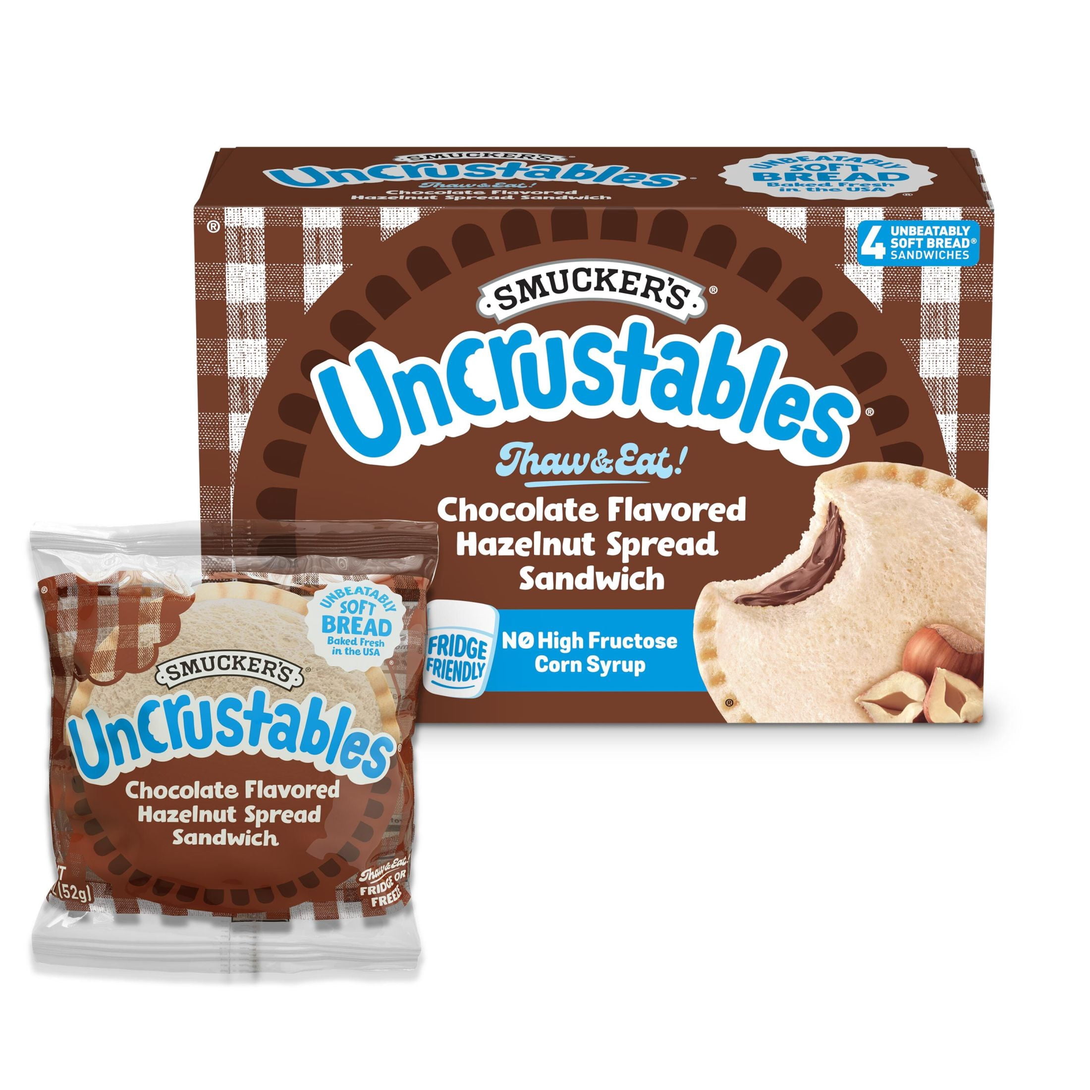 Smucker’s Uncrustables Chocolate Flavored Hazelnut Spread Sandwiches, 4 Count, 1.8 oz Each, Frozen