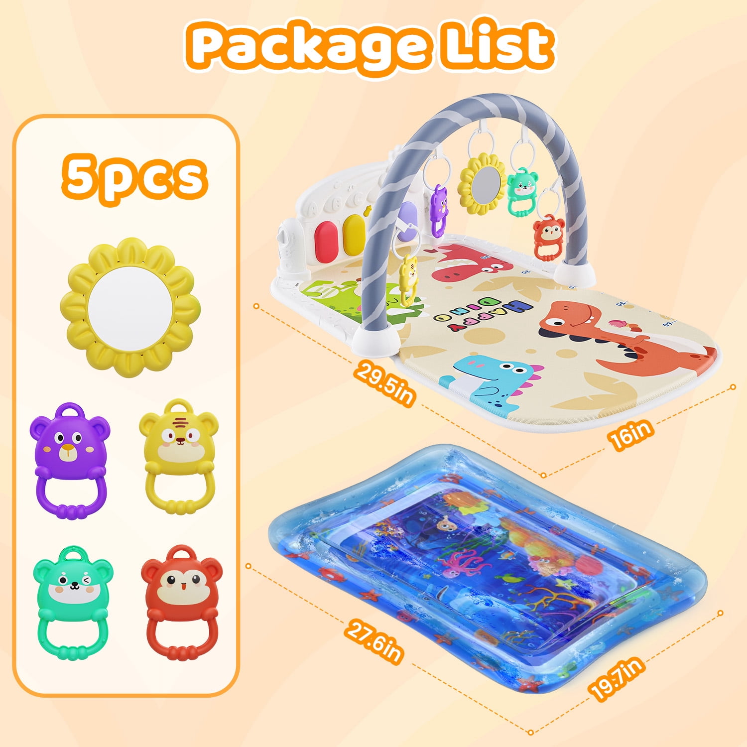 WonderStone Baby Gym Playmat for Infant,Tummy Time Water Mat with 5 Infant Sensory Baby Toys & Musical Piano Activity for 0-36 Months Boys Girls，Yellow