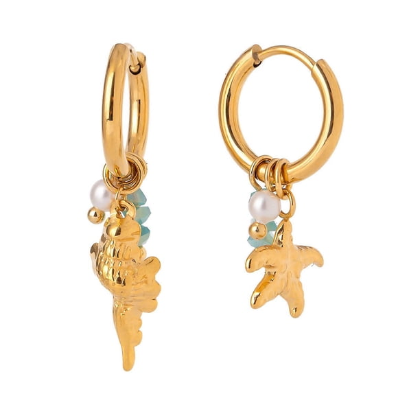 Modern Marine Jewelry Hammered Conch Starfish Earrings With Crushed Pearls Stainless Steel Lightweight Dangle Design Multicolor