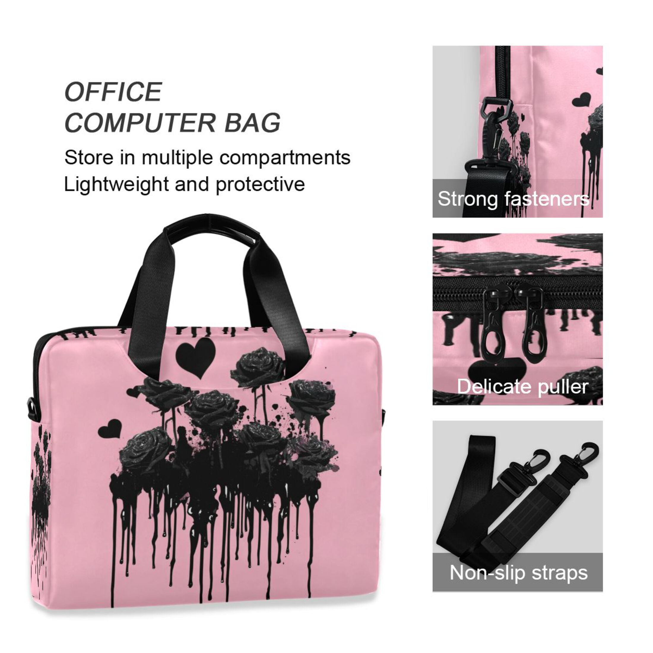 16" Laptop Tote Bag Laptop Sleeve Case Computer Briefcase for Work & Travel Black Roses