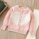 thumbnail image 4 of Suéter de cuello redondo para primavera y otoño e invierno para niñas, suéter con lazo en forma de corazón y botones de perlas, cárdigan de manga larga, suéter para niños, parte superior de poliéster, 4 of 7