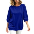 thumbnail image 6 of Stamzod 3/4 Length Sleeve Womens Tops Casual Loose Crewneck Sweatshirt Fall Fashion Dressy Work Blouse Dark Blue L, 6 of 7