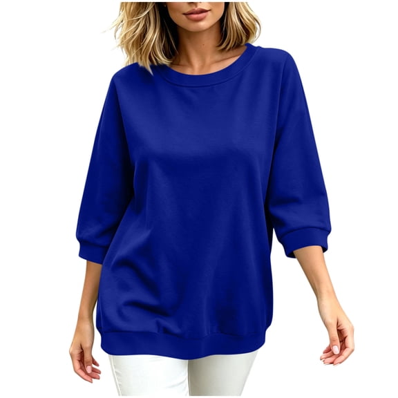Womens 3/4 Sleeve Tops Pullover Casual Crew Neck Sweatshirts Loose Solid Color Fall Tunics Shirts Dark Blue, 2XL