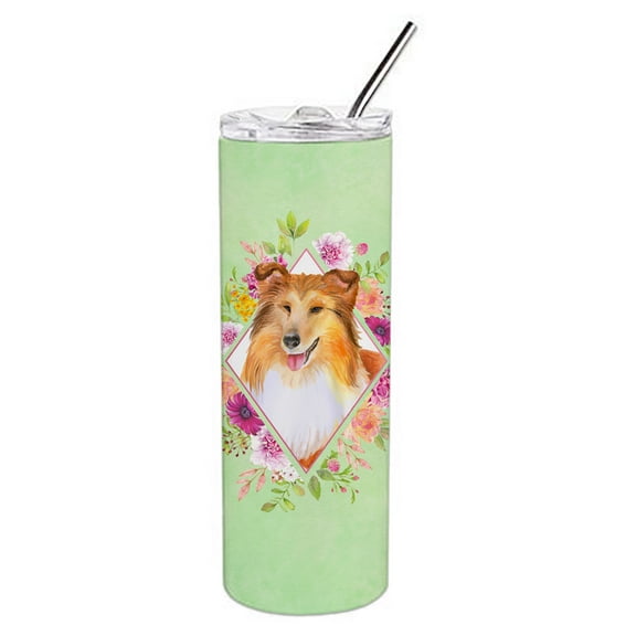 Carolines Treasures CK4342TBL20 Sheltie Shetland Sheepdog Green Flowers Stainless Steel 20 oz Skinny Tumbler 20 oz