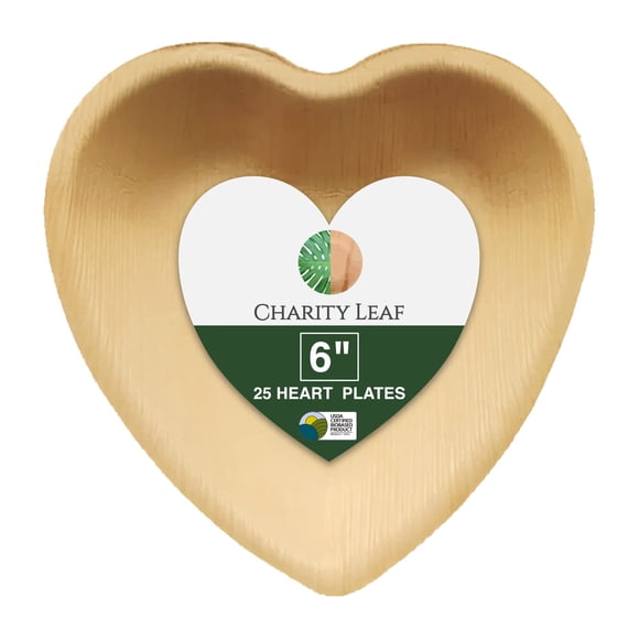 Charity Leaf Assiettes Jetables en Feuille de Palmier 6 Pouces Cœur (25 Pcs) Plats de Service en Bambou, Planches Jetables, Vaisselle Écologique pour Mariages, Restauration, Événements