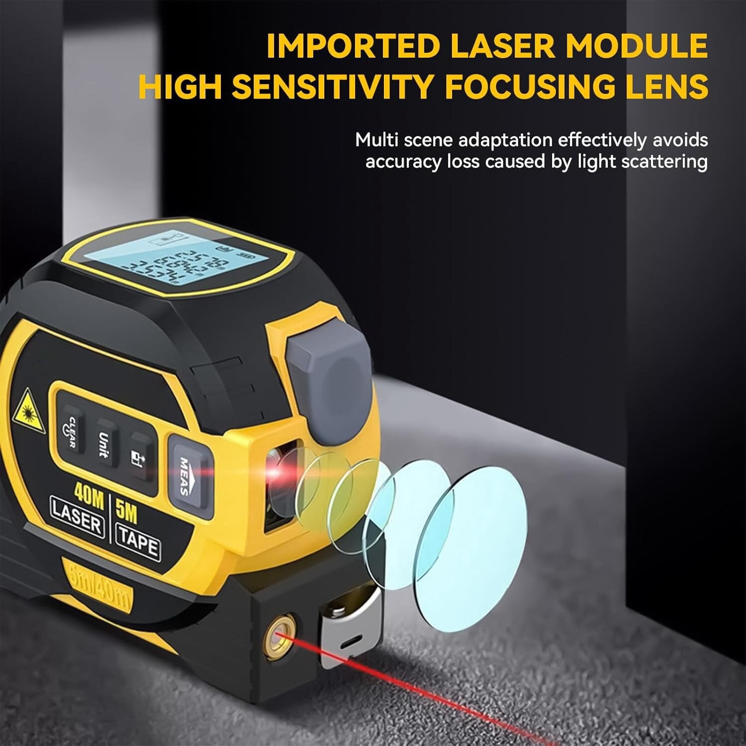 3-in-1 Multi-functional Measuring Tape with Laser Level Crosshair and LED Display, Digital Measuring Tape  with Cross Line, AutoLock, Measure Area, Volume, Pythagorean