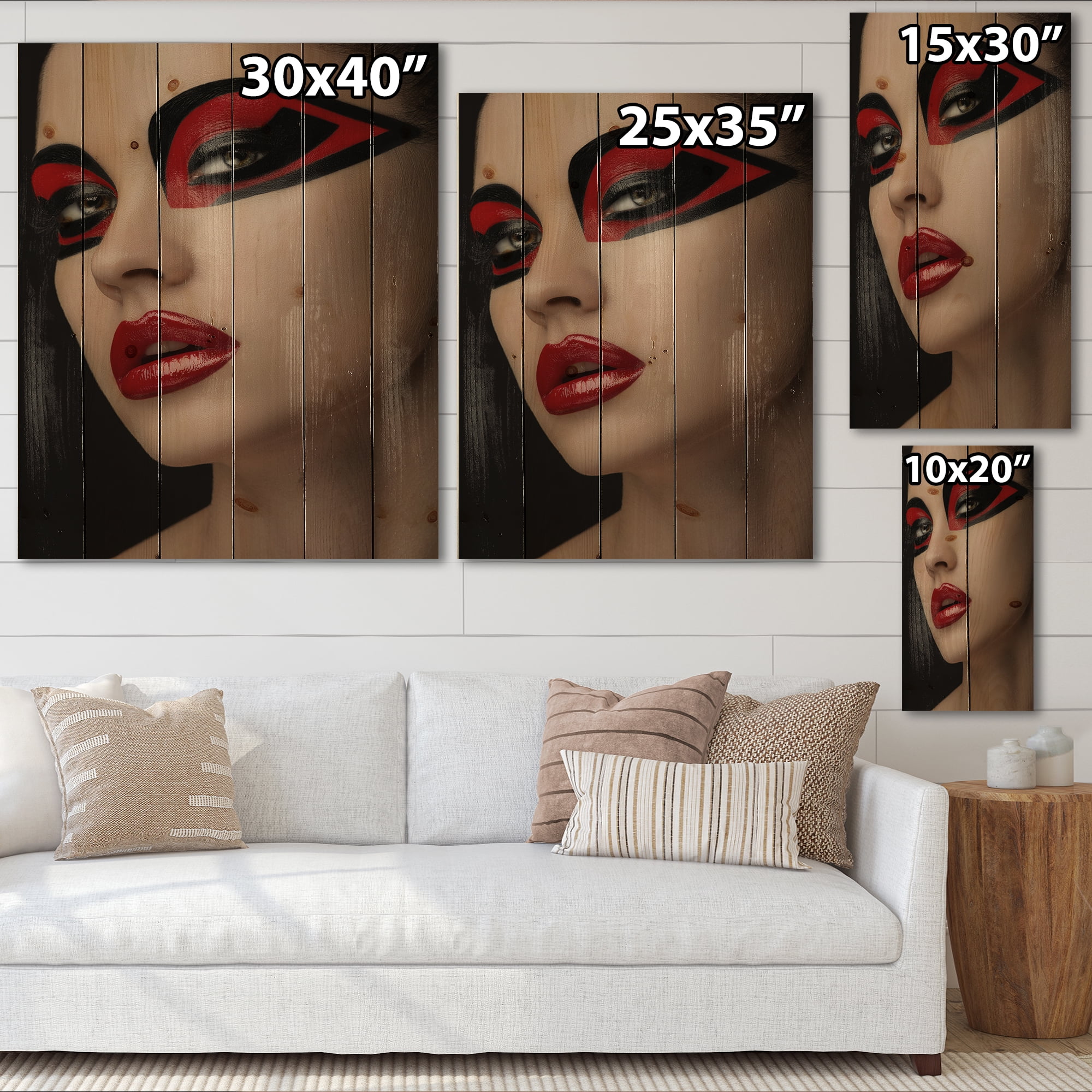 Designart 'Red Lips Black Makeup On The Eyes of Mask Girl' Modern Print on Natural Pine Wood