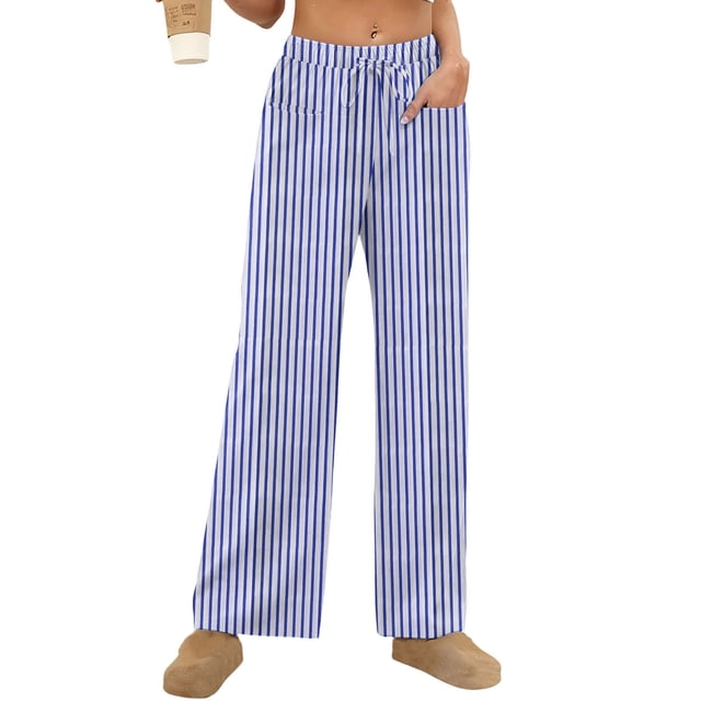 Amzcrzy Pantalones Mujer A Rayas Informales Cintura Alta Cordón Elástico Tipo Bóxer Cómodos Holgados Anchos Con Bolsillos Tallas S-2XL Azul