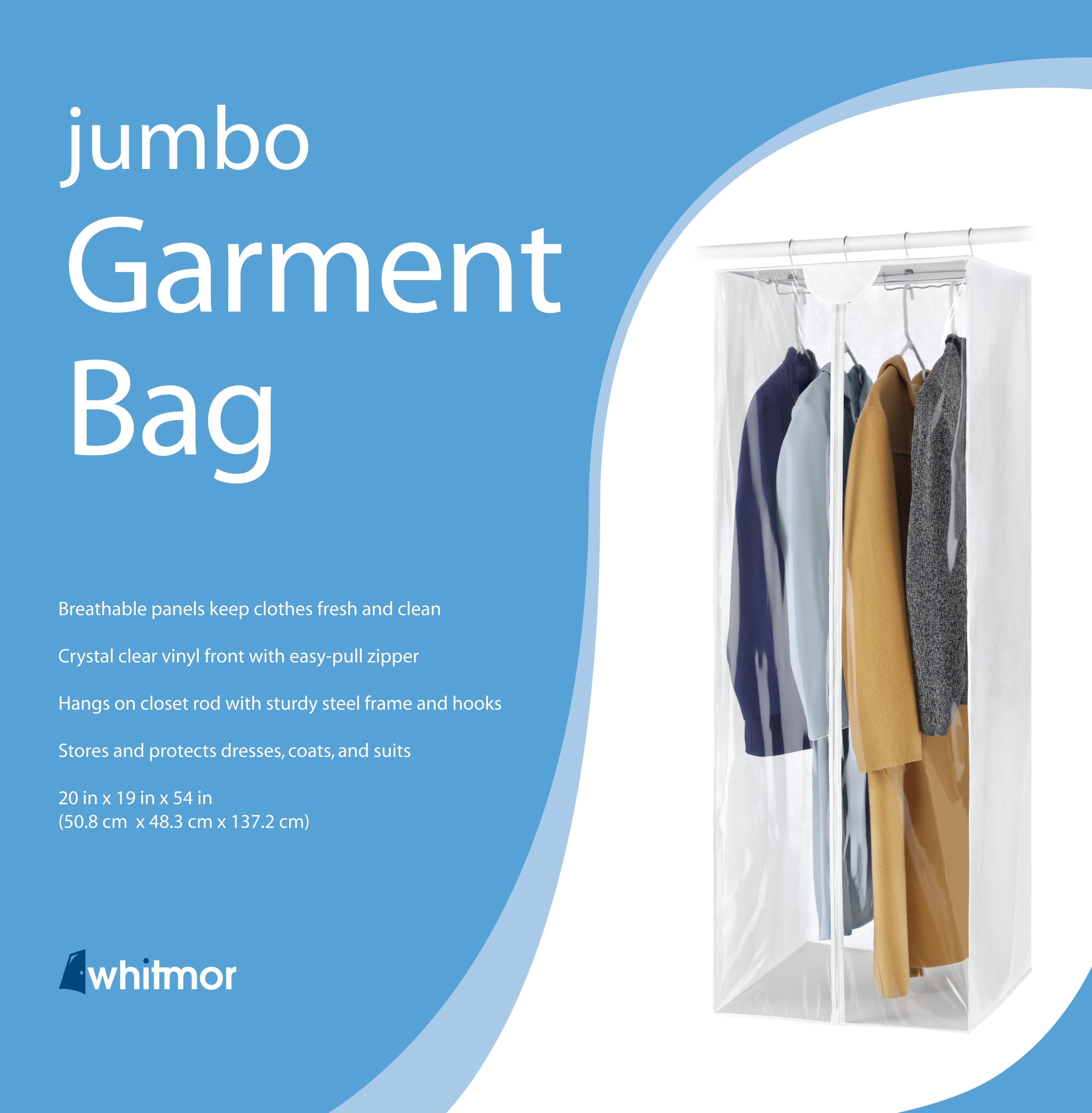 Whitmor Zippered Crystal Jumbo Hanging Garment Bag Closet Organizer - Clear
