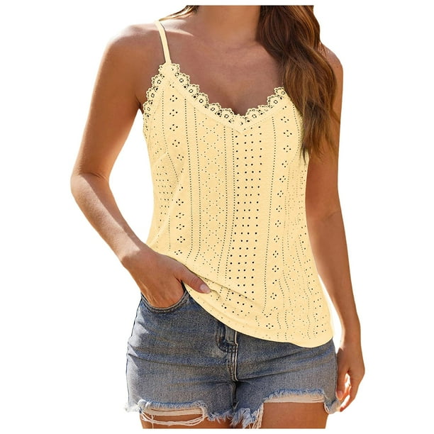Camiseta sin mangas con cuello en V y encaje para mujer - Tirantes finos ajustables, blusa de verano holgada, tallas S-XL