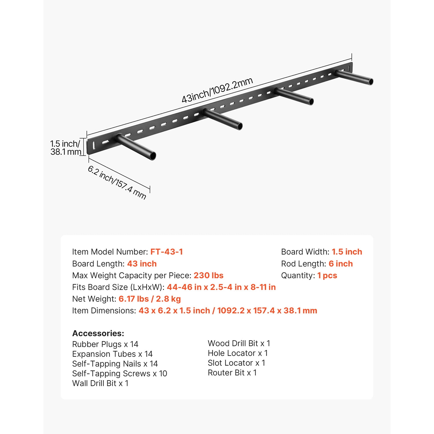 KFFKFF Floating Shelf Bracket 1 Pack, 230 lbs/104 kg Load Capacity, 43x6.2x1.5 inch / 1092.2x157.4x38.1 mm, Durable Hidden Shelf Support, Wall-Mounted Concealed Shelf Bracket