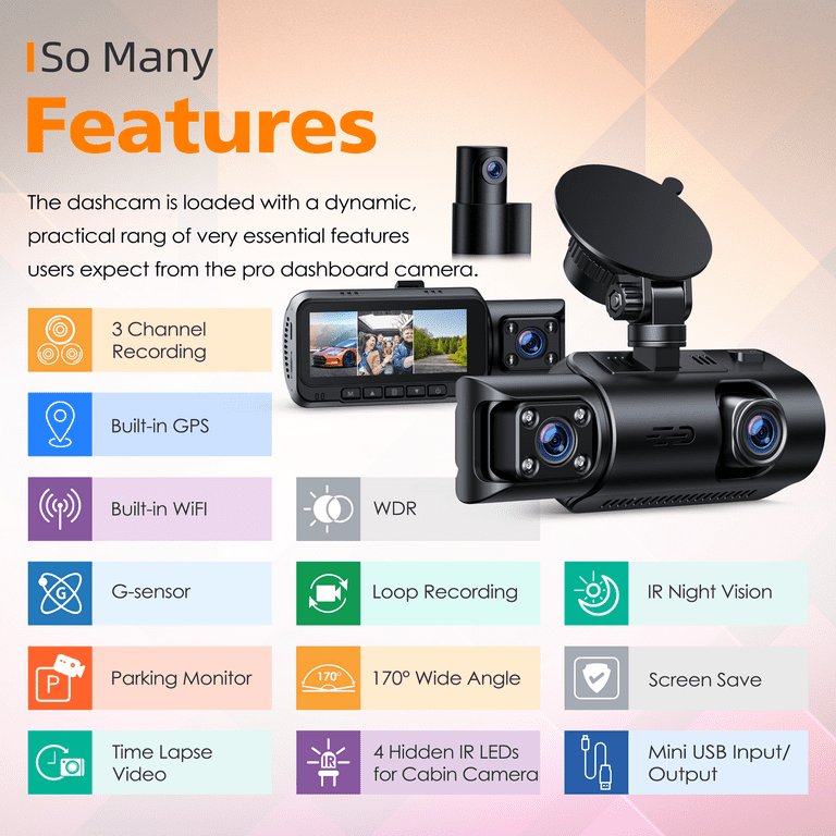 WiFi GPS 4K Dash Cam with IR Night Vision, Toguard 3 Channel Front Inside Rear Dash Camera Car Driving Recorder