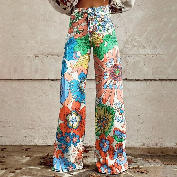 WILLBEST Pantalones Mujer Pantalones Vaqueros de Pierna Ancha para Mujer, de Cintura Alta, Con Estampado Floral de Los Años 90, Informales, Cómodos y Elásticos. 1117 Mediana