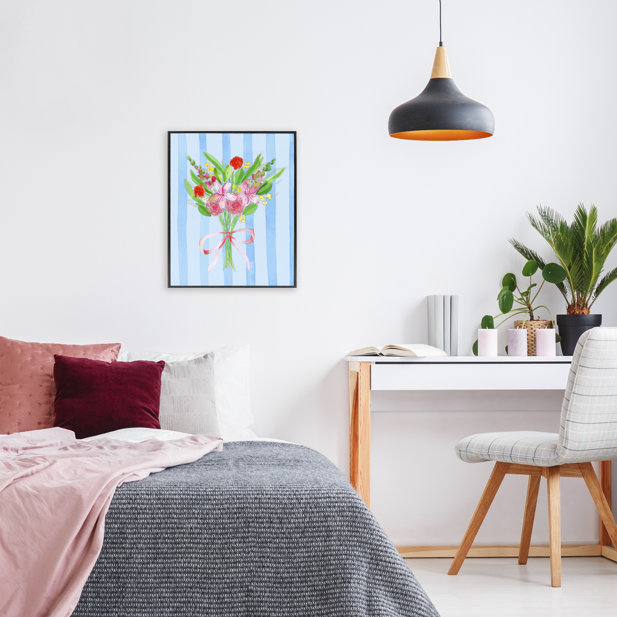 Bright Springy Bouquet Stripes Black Framed Giclee Art, design by Nina Jacobs