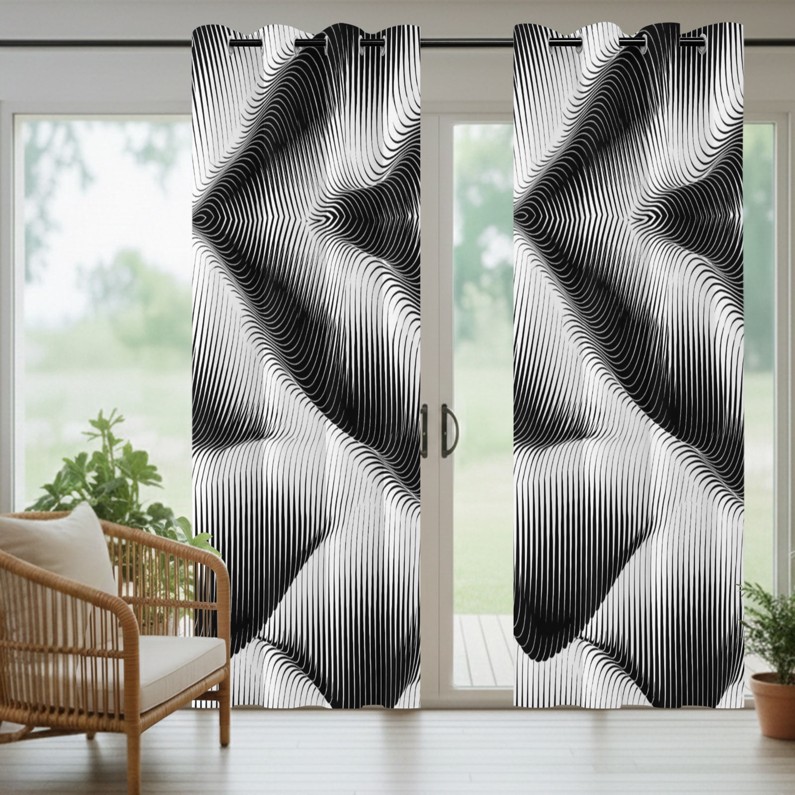 Abstract Hills Outdoor Curtains for Patio, Geometric Modern Curves Black White Sunshade Privacy Drapes Grommet Waterproof Outside Curtains for Porch/Cabana/Balcony 54"x 108", 1 Panel