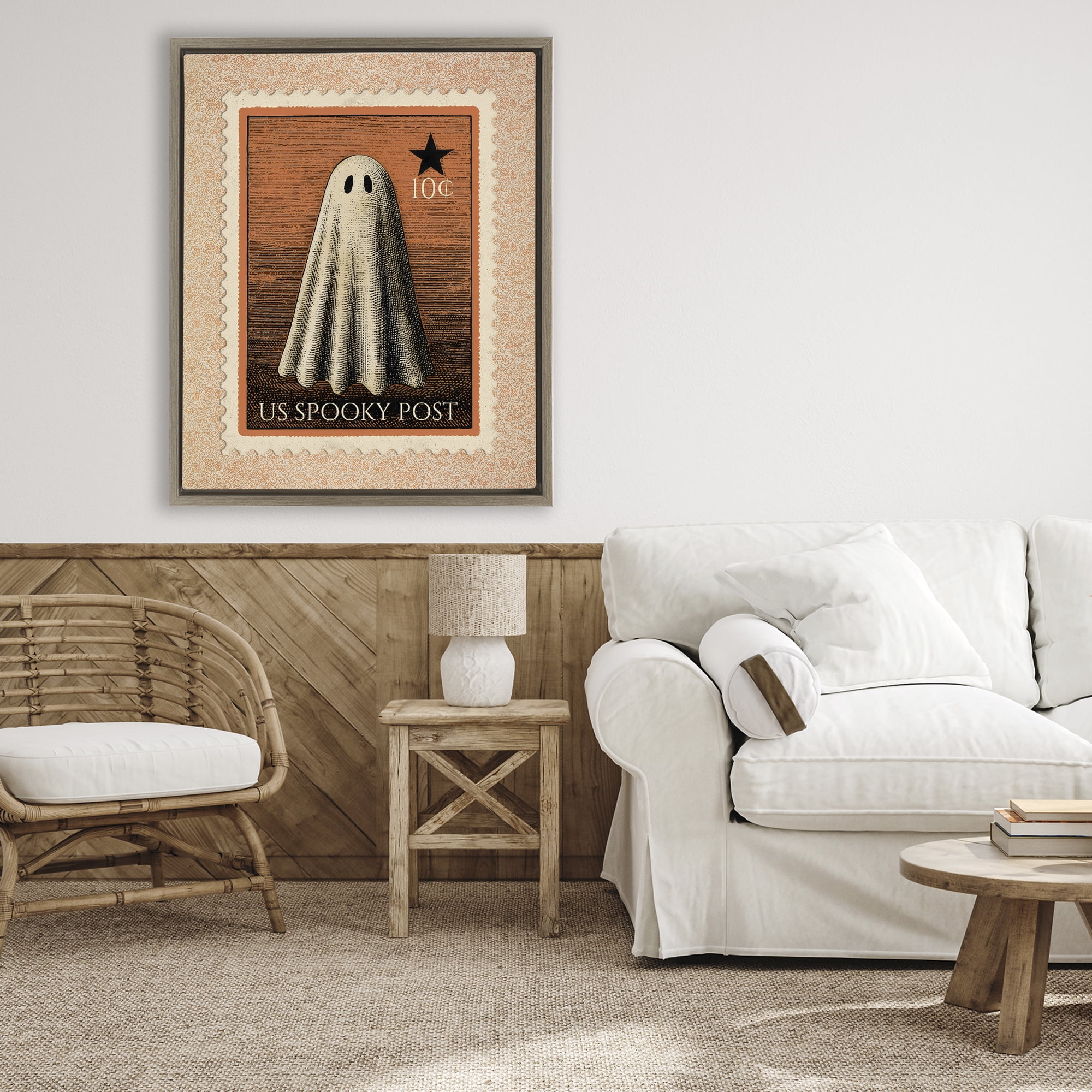 Vintage Ghost Stamp Brown Framed Floater Canvas Wall Art, design by Arlington Prints
