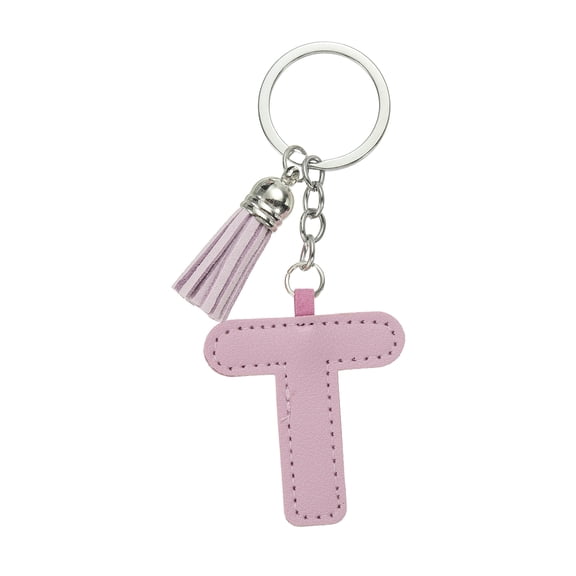 Alphabet Initial Letter Keychain, Cute Leather Keychains with Tassel Letter T Pendant Charm, Purple