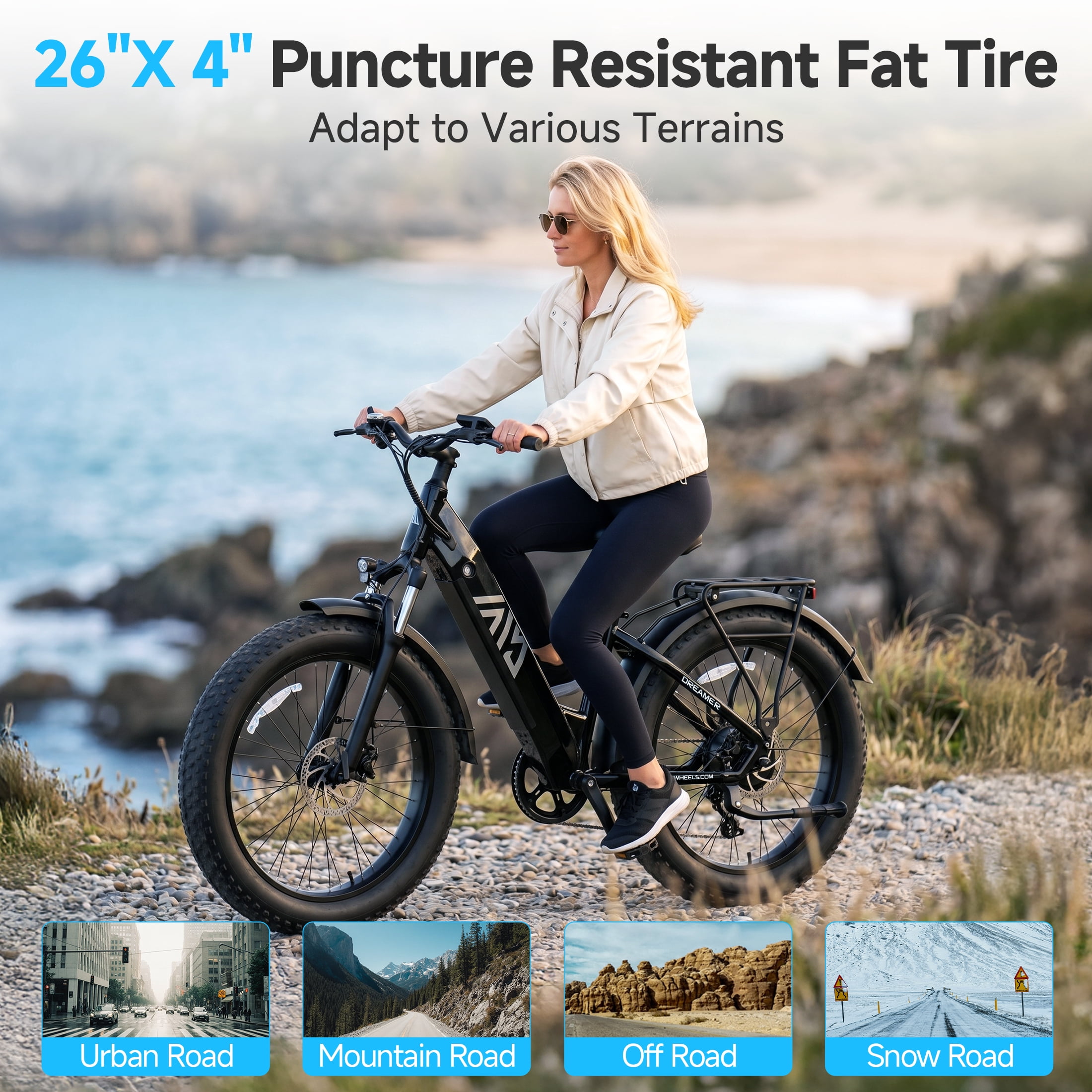 TST Dreamer Electric Bike for Women, 750W E-Mountain Bike, 26" Fat Tire Electric Bike, 48V/15Ah Battery UL2849, 60Miles Long Range, 7-Speed Gear, 20mph Fast Ebike