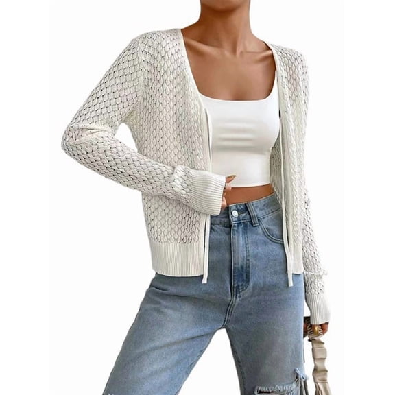 Womens Casual Cardigan Summer Beach Long Sleeve Hollow Out Tie-Front Crochet Cardigan White S