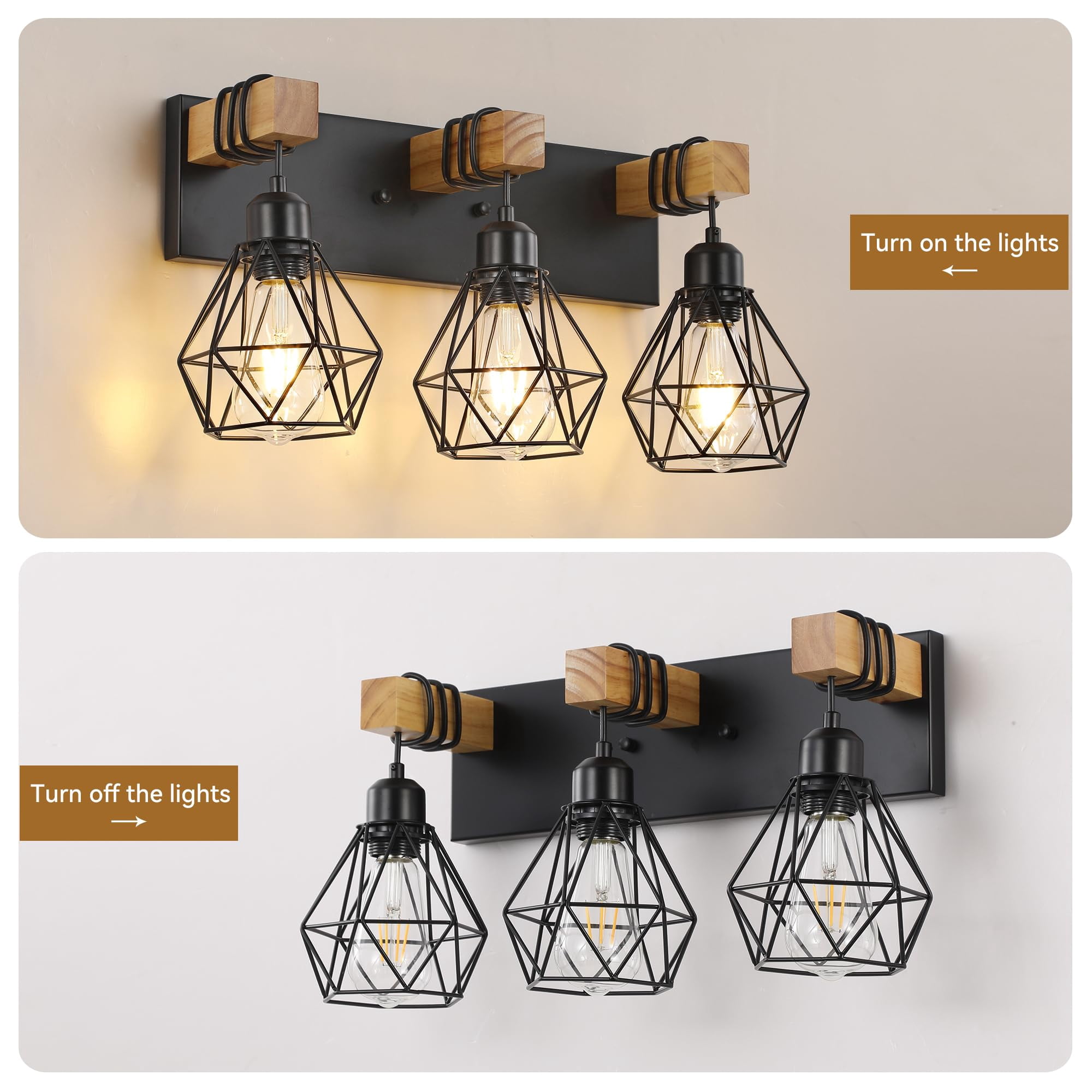 Black 3-Light Vanity Light Wood Metal Wall Fixture For Bathroom Bedroom Living Room Hallway