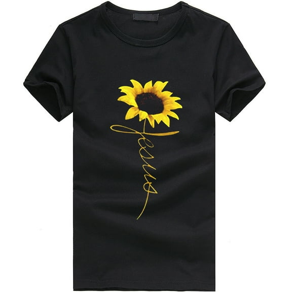 Viikei Women's Plus Size Short Sleeve Sunflower Print T-Shirt
