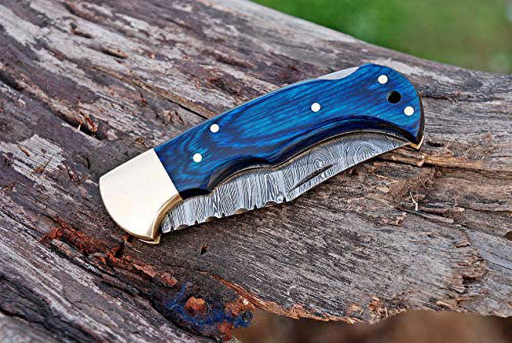 Handmade Damascus Steel Pocket Knife & Knife Sharpener - Damascus Folding Knife - Pocket Knife for Men, EDC Knife & Hunting Knife with Back Lock & Pakka Wood Handle with Leather Knife Sheath - image 2 of 9
